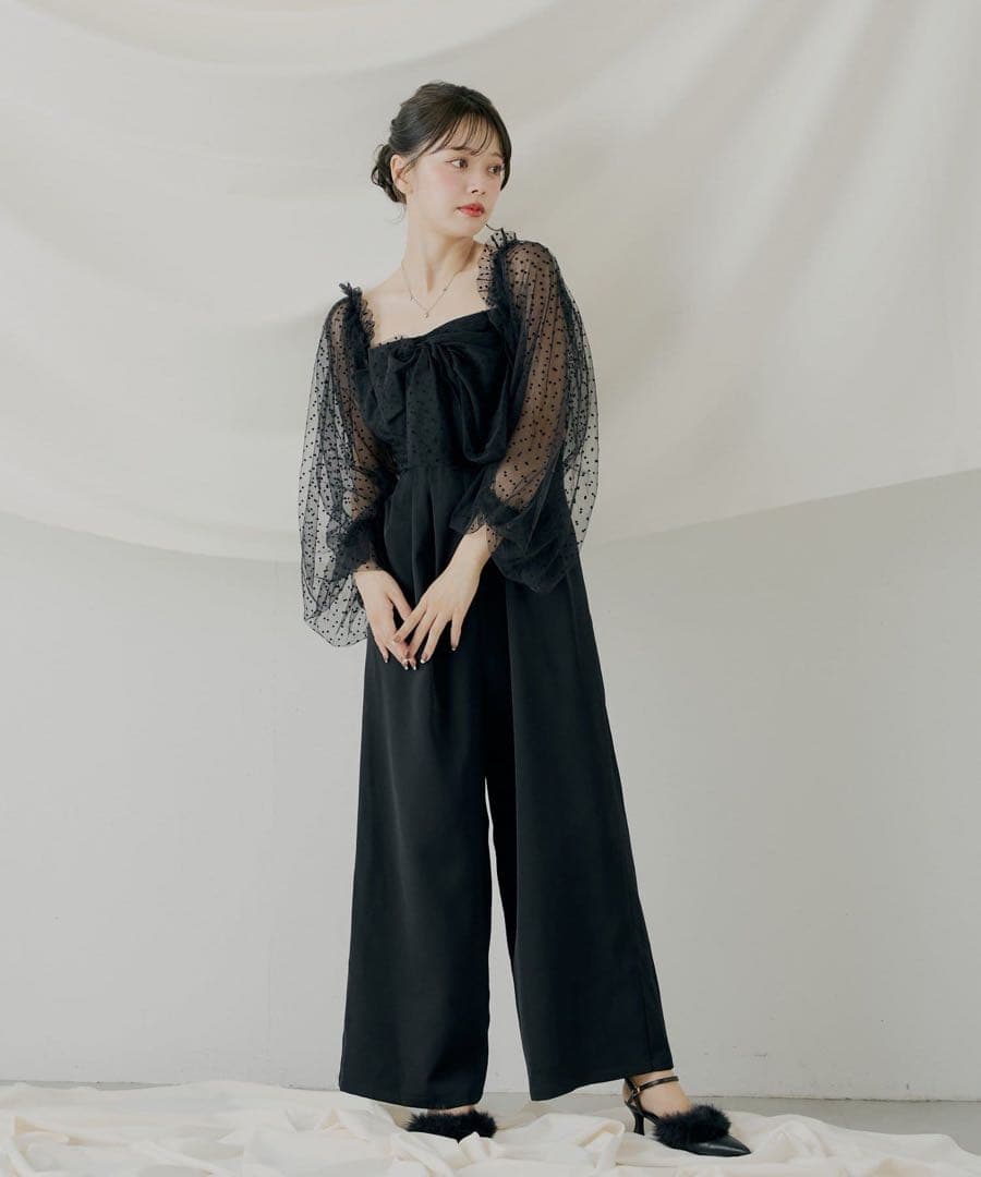 ［同窓会］ブラックドットシースルー袖ドレス風パンツ