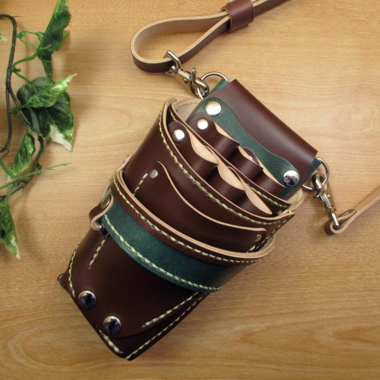 ブラウン＆Dグリーン　革ベルト付　６丁　本革シザーケース　SCL-100/CBB