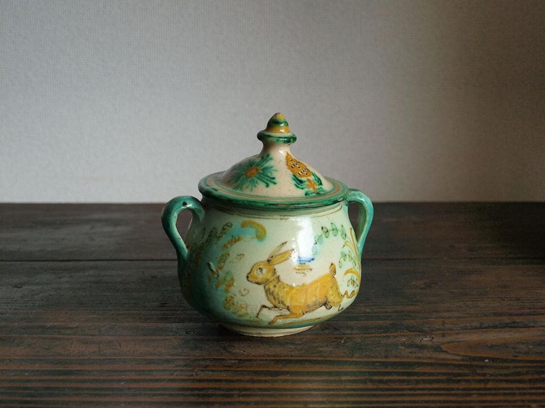 ウサギの模様の陶器のポット タラベラ カップ 古陶 ジャムポット/J663