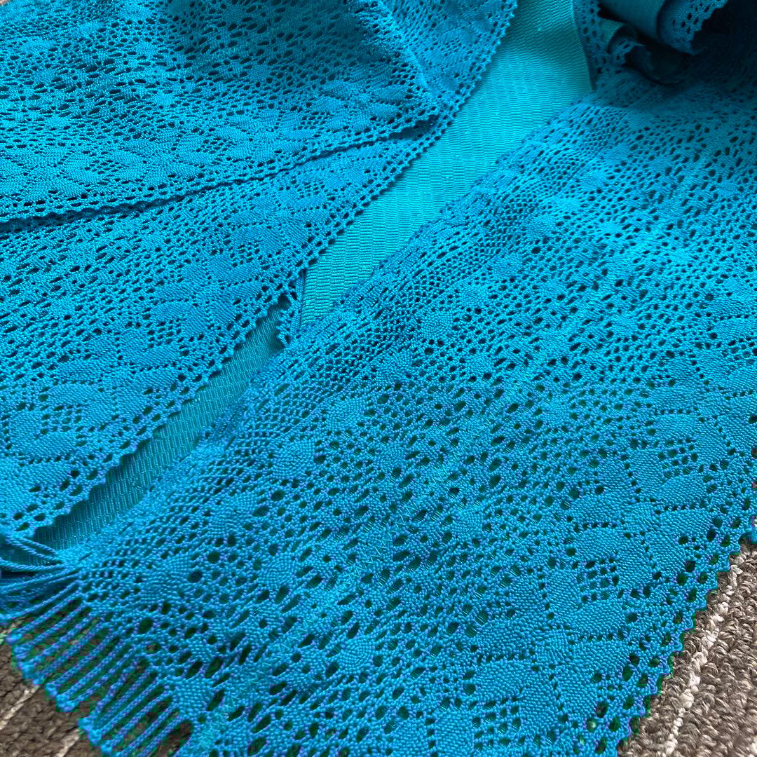 撫松庵　ターコイズブルーのレースが目を引く半幅帯　ポリエステル　中古美品 値下