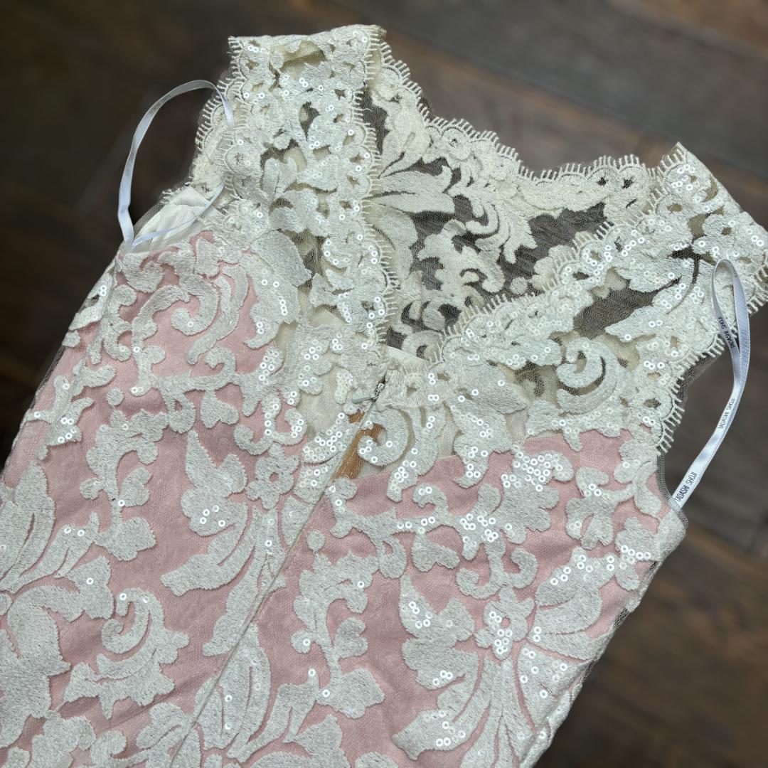 【タダシショージ】ロングワンピース マキシドレス　刺繍 スパンコール　白/ピンク