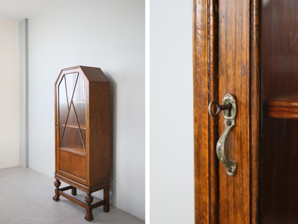 英国アンティークアールデコ様式キャビネット/木製本棚/食器棚/飾り棚91-134