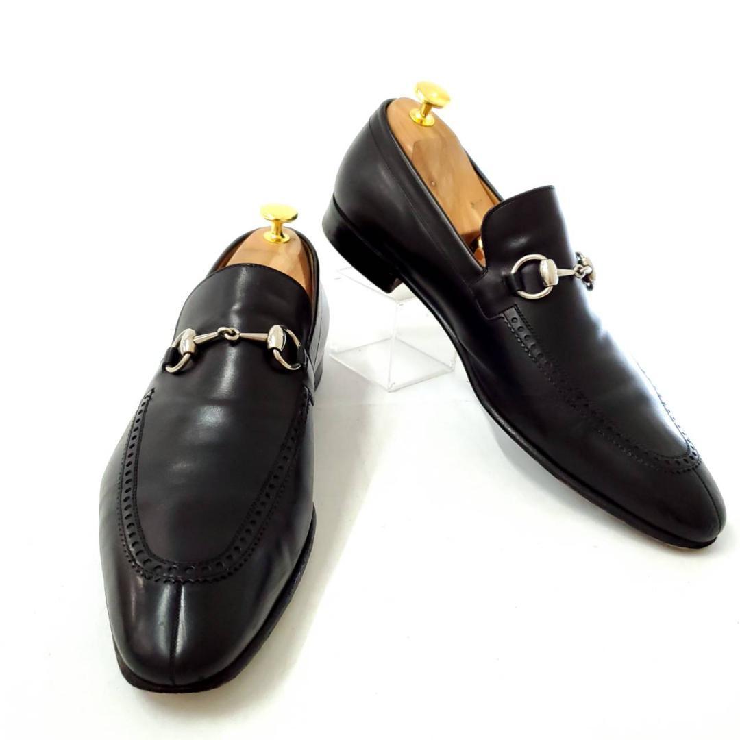 良品グッチ　ホースビット　ローファー　ブラック　7 1/2　レザー　シルバー金具