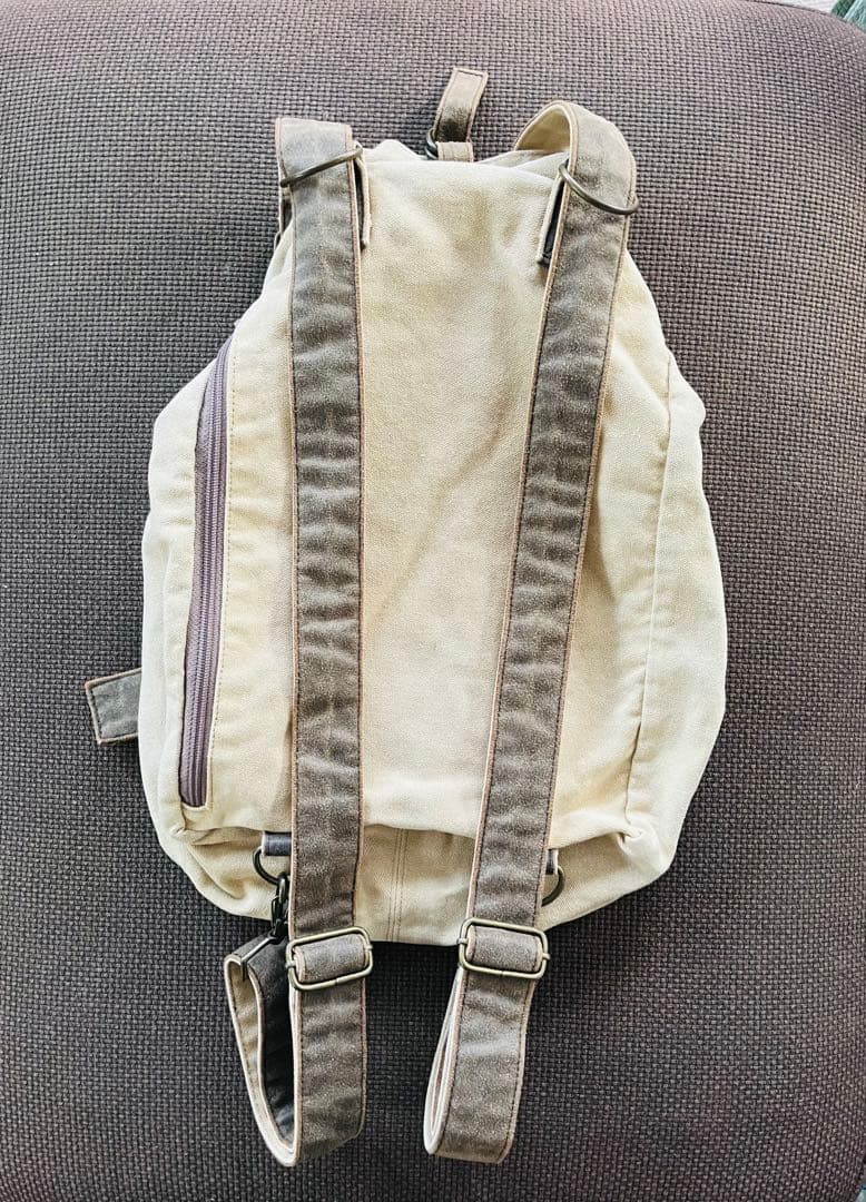 ◆柿渋と山葡萄の装飾 帆布リュック USED ベージュ×ブラウン◆