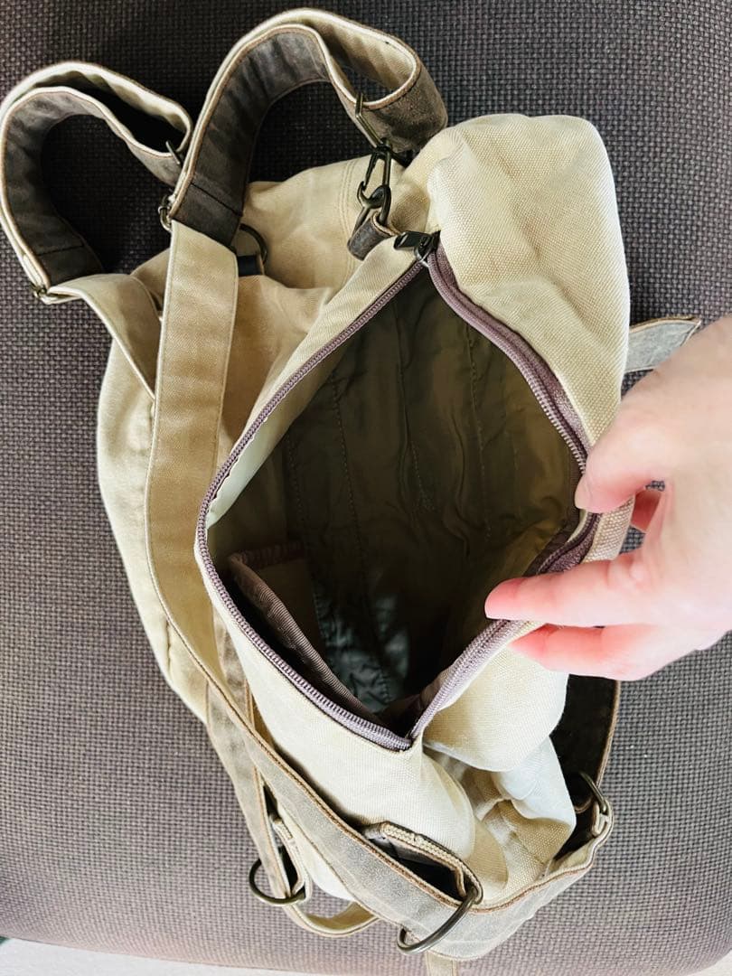 ◆柿渋と山葡萄の装飾 帆布リュック USED ベージュ×ブラウン◆