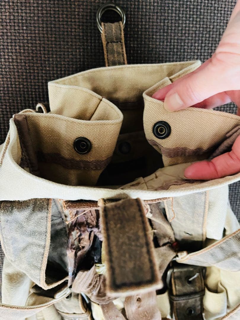 ◆柿渋と山葡萄の装飾 帆布リュック USED ベージュ×ブラウン◆