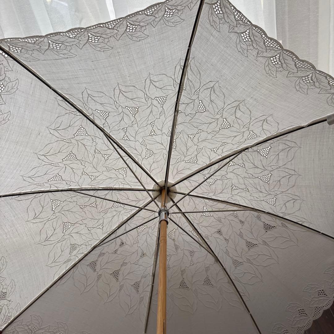 希少☆レース 日傘 昭和レトロ アンティーク 麻 日本製 ラタン 長傘 ベージュ