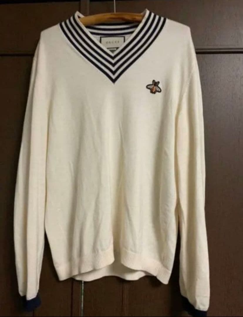 【訳あり】GUCCI bee アイボリー ストライプ Vネックセーター XL