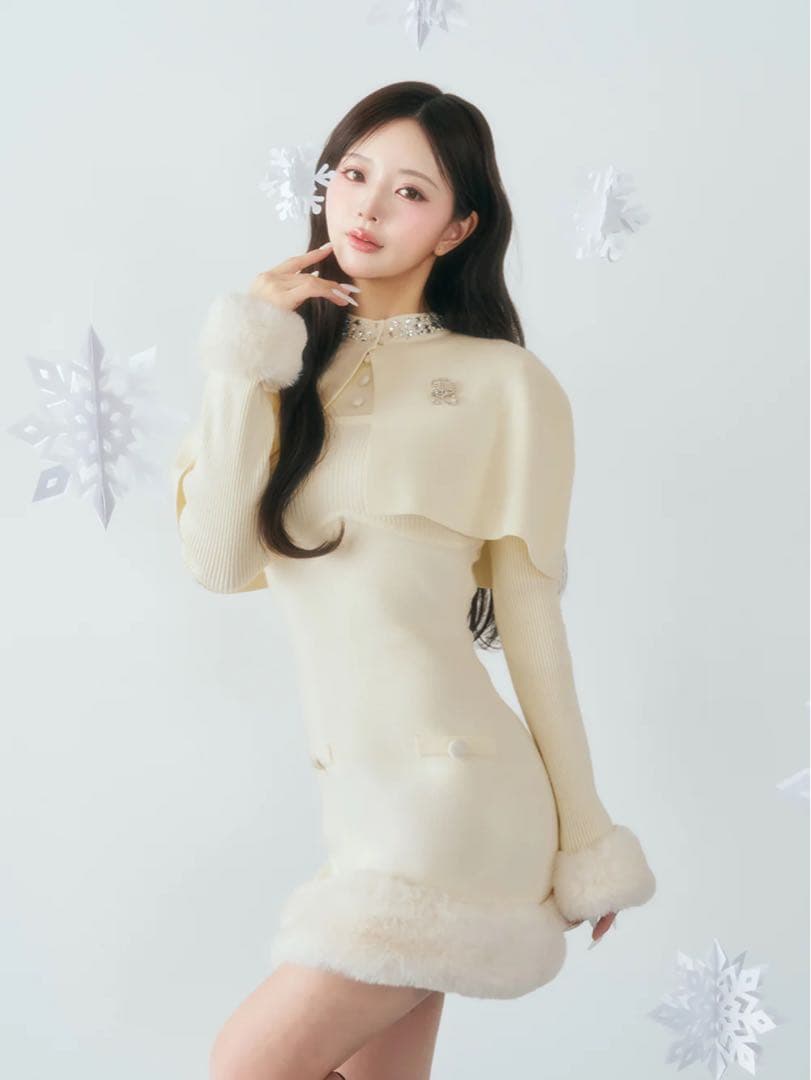 ダーリッチ Darich ビジューケープニットミニワンピース ホワイト FL