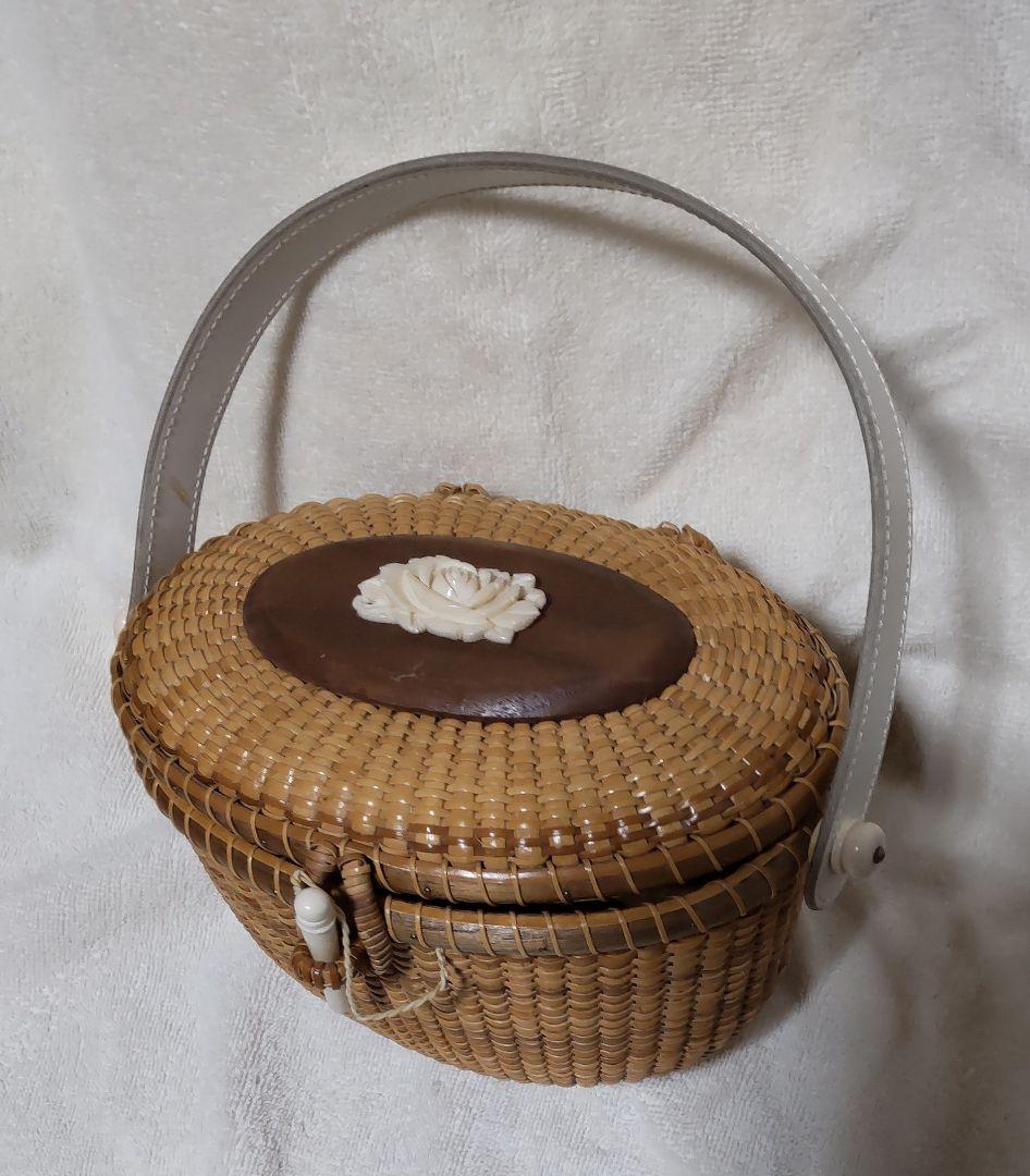 ナンタケットバスケット　ラタン製オーバル型かごバッグ　ビンテージ