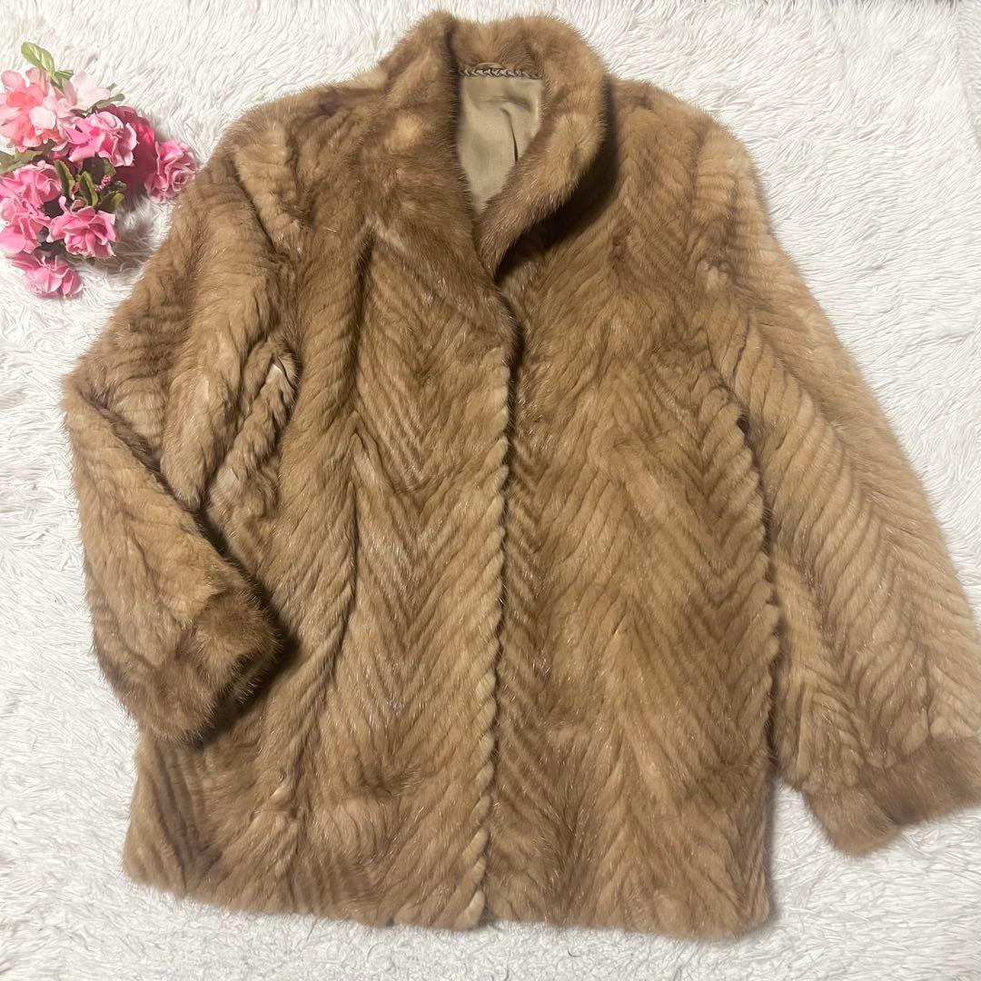 【SALE】高級ミンクファーコート　ベージュ　ヘリンボーン　ファーコート　17号