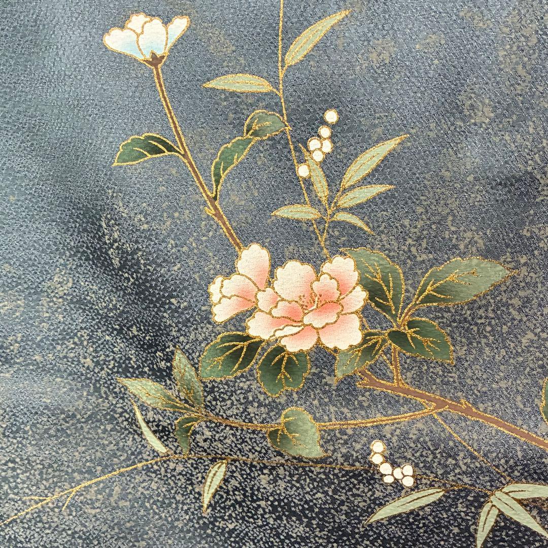 D105訪問着 椿 花模様 正絹 着物 袷 幅広サイズ しつけ糸付き未使用極美品