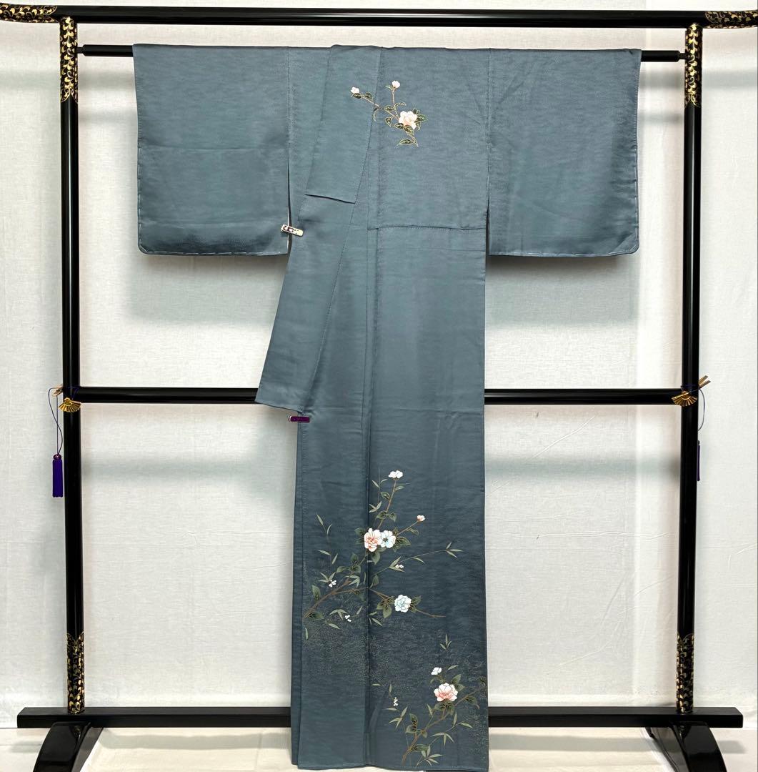 D105訪問着 椿 花模様 正絹 着物 袷 幅広サイズ しつけ糸付き未使用極美品