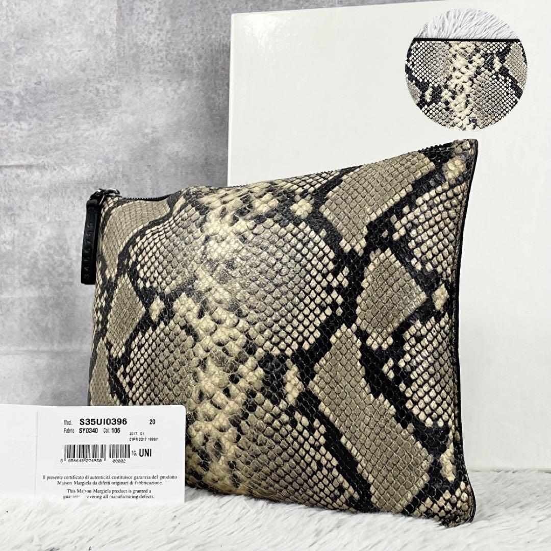 美品 メゾンマルジェラ レザー クラッチバッグ パイソン 4ステッチ グレー