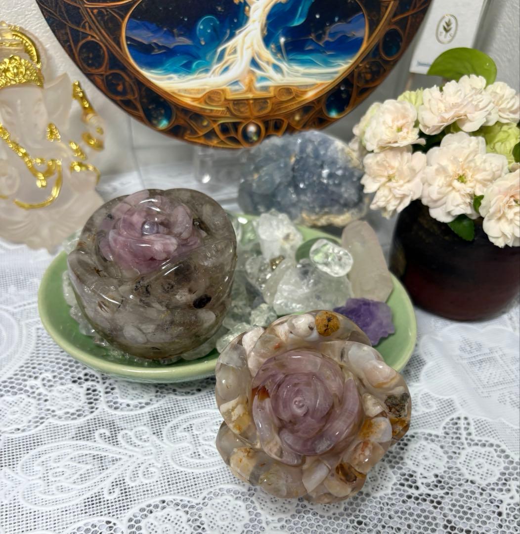 オルゴナイト バラ ・ディープローズクォーツ＆ ハーキマーダイアモンド