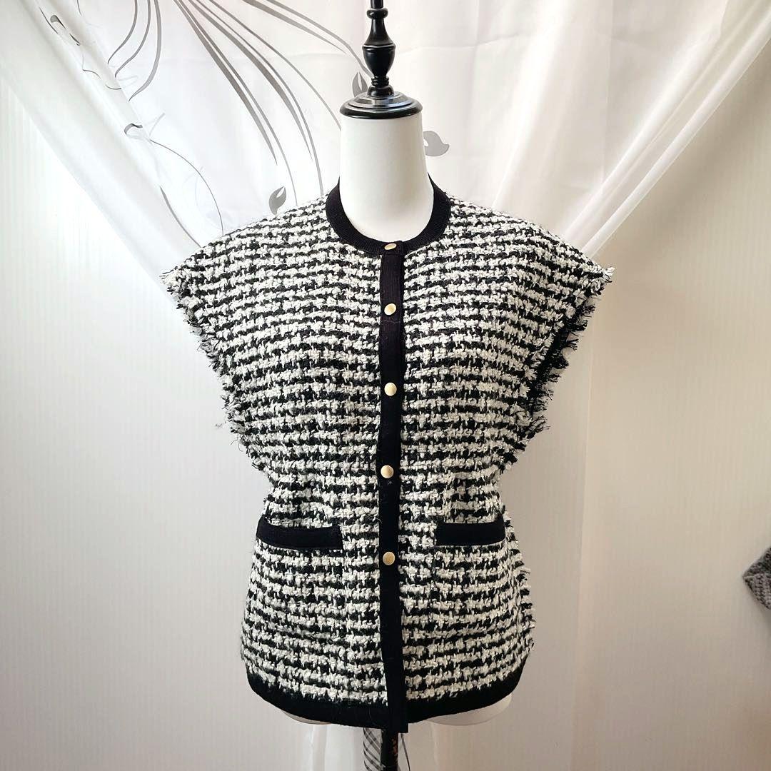 美品 トゥモローランド ツィード フレンチスリーブジレ ブラック S