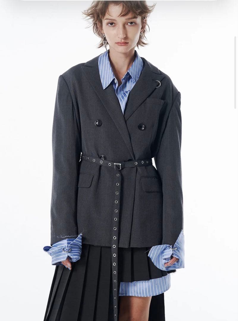 JOSEMOON BELTED TAILORED JACKET グレー