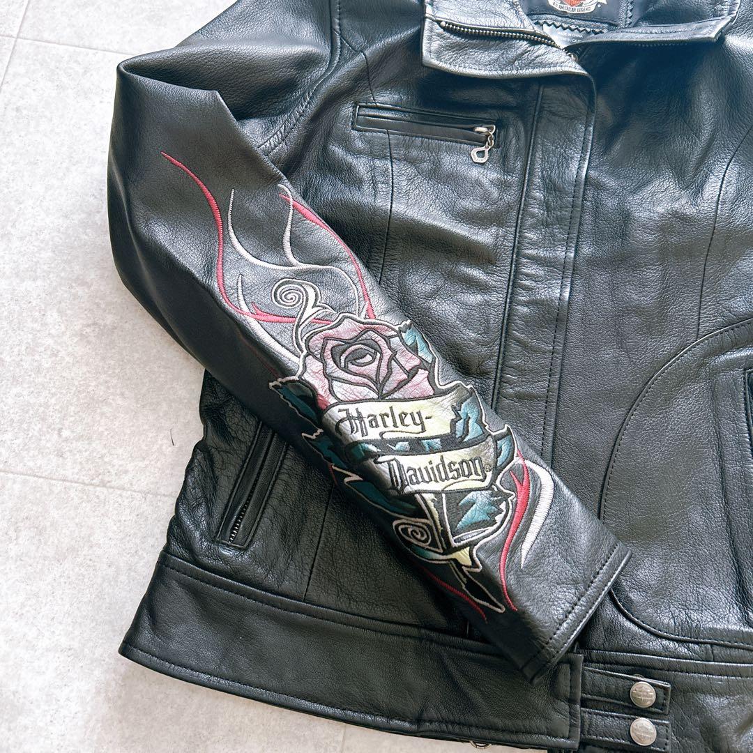 【極美品✨】ハーレーダビッドソン ライダースジャケット 革ジャン バラ刺繍 黒