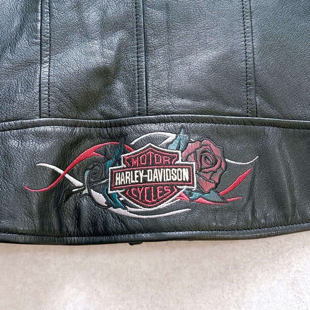 【極美品✨】ハーレーダビッドソン ライダースジャケット 革ジャン バラ刺繍 黒