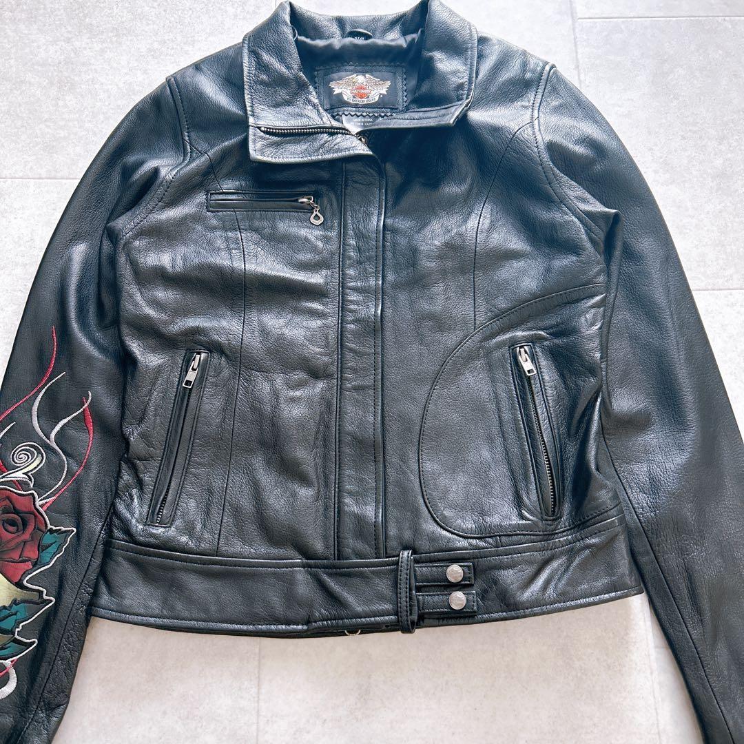 【極美品✨】ハーレーダビッドソン ライダースジャケット 革ジャン バラ刺繍 黒