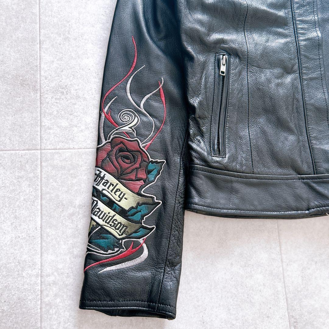 【極美品✨】ハーレーダビッドソン ライダースジャケット 革ジャン バラ刺繍 黒