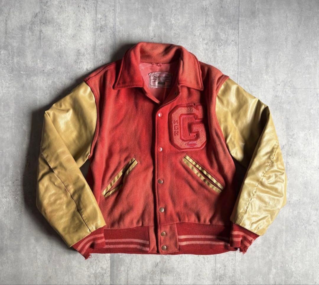 【60s vintage】レザースタジャン　鬼フェード　本革　レーヨン　古着