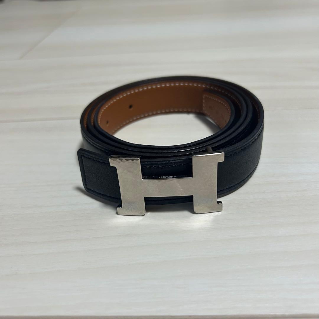 H型バックル レザーベルト 黒 茶色　エルメス　HERMES リバーシブル