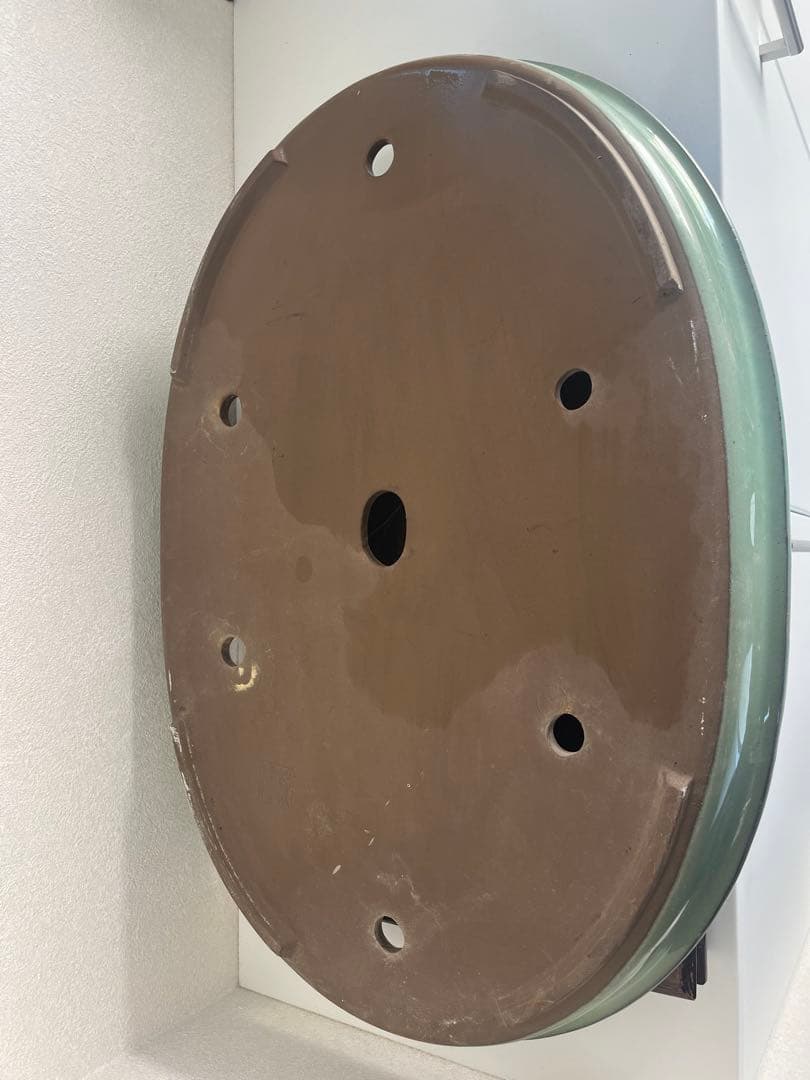 特大　桜陶　落款　緑釉　楕円　盆栽鉢