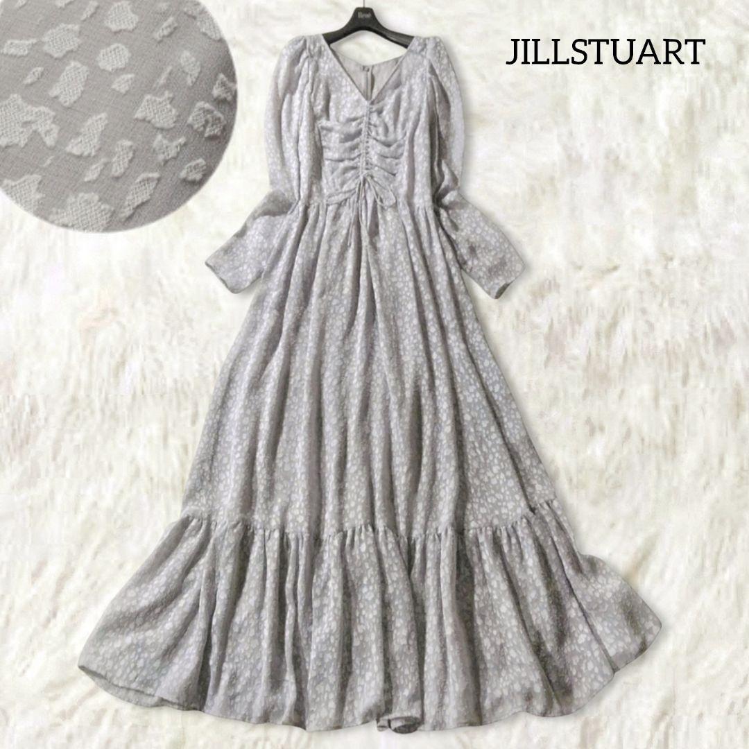 ジルスチュアート 総柄 ロングワンピース グレー フレア 長袖 ティアード
