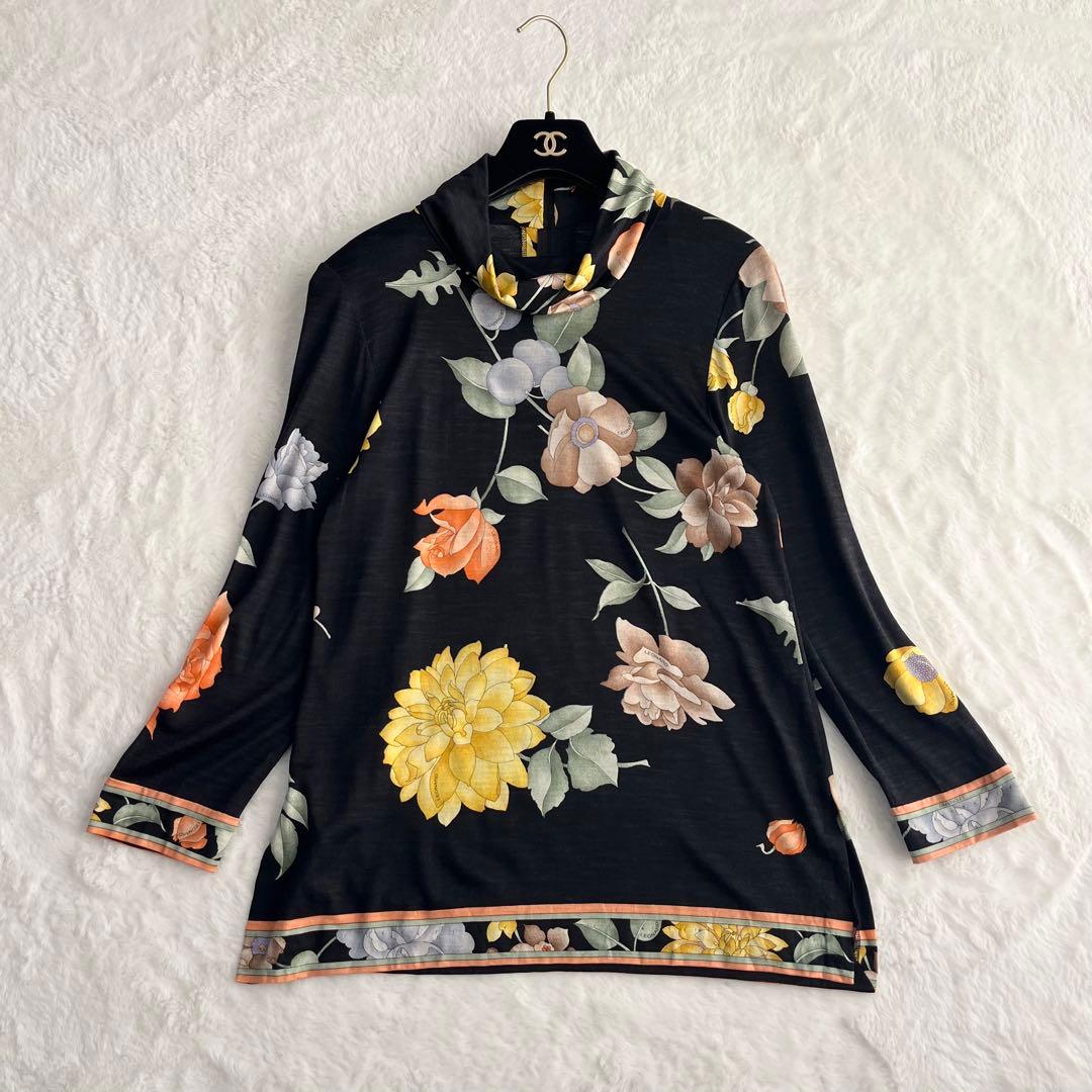 レオナール ウールシルク タートルネックカットソー 花柄 ストレッチ 丈長 M