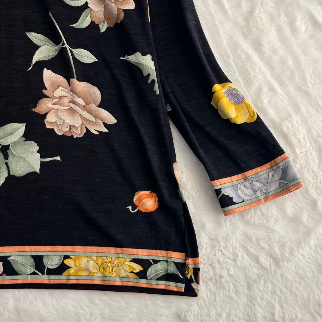 レオナール ウールシルク タートルネックカットソー 花柄 ストレッチ 丈長 M