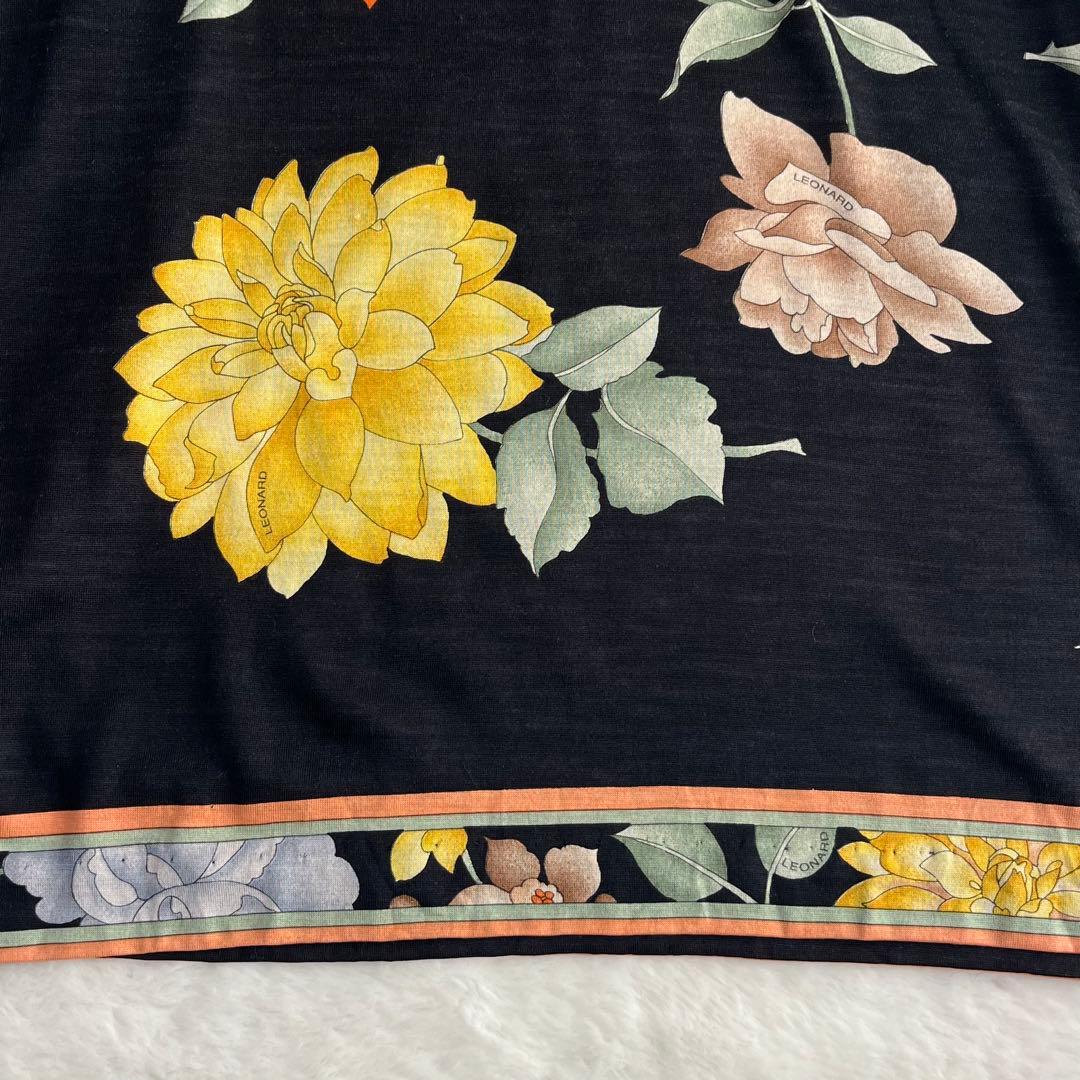 レオナール ウールシルク タートルネックカットソー 花柄 ストレッチ 丈長 M