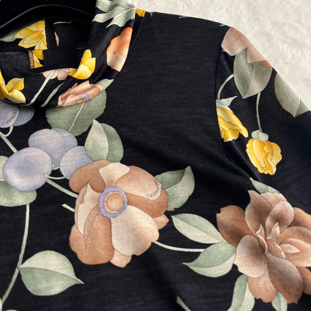 レオナール ウールシルク タートルネックカットソー 花柄 ストレッチ 丈長 M