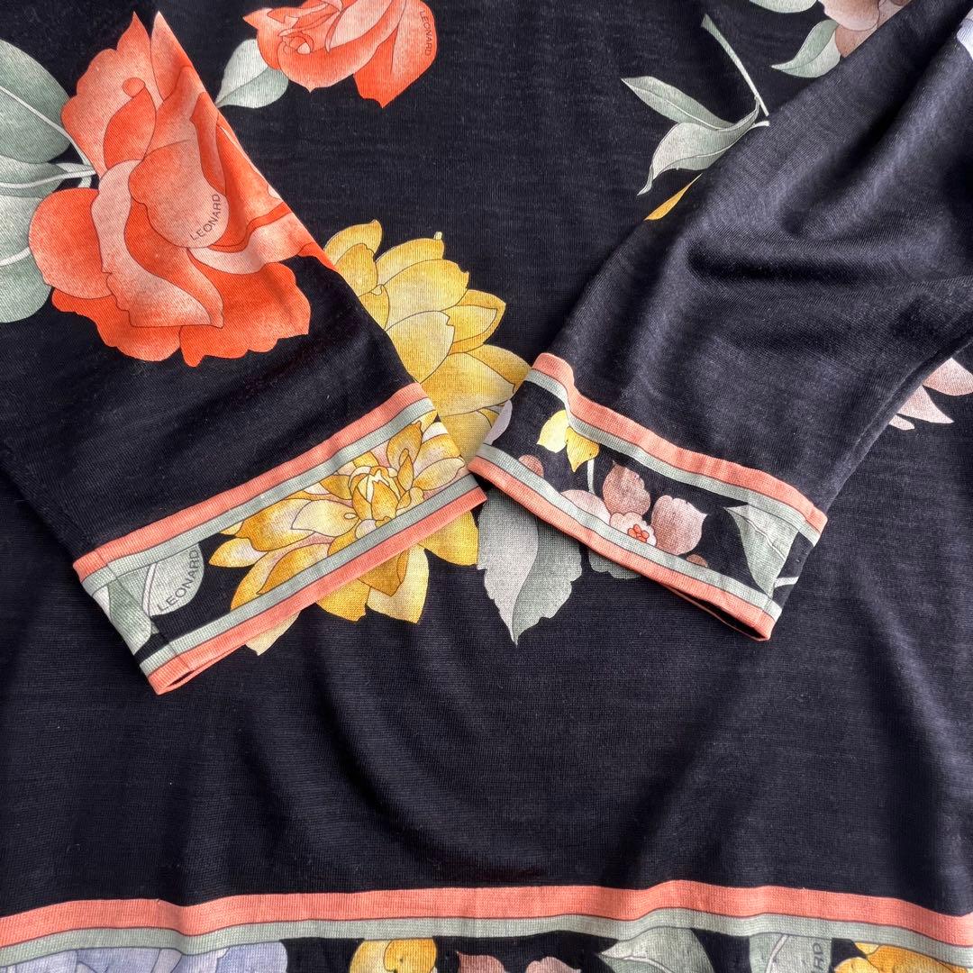 レオナール ウールシルク タートルネックカットソー 花柄 ストレッチ 丈長 M