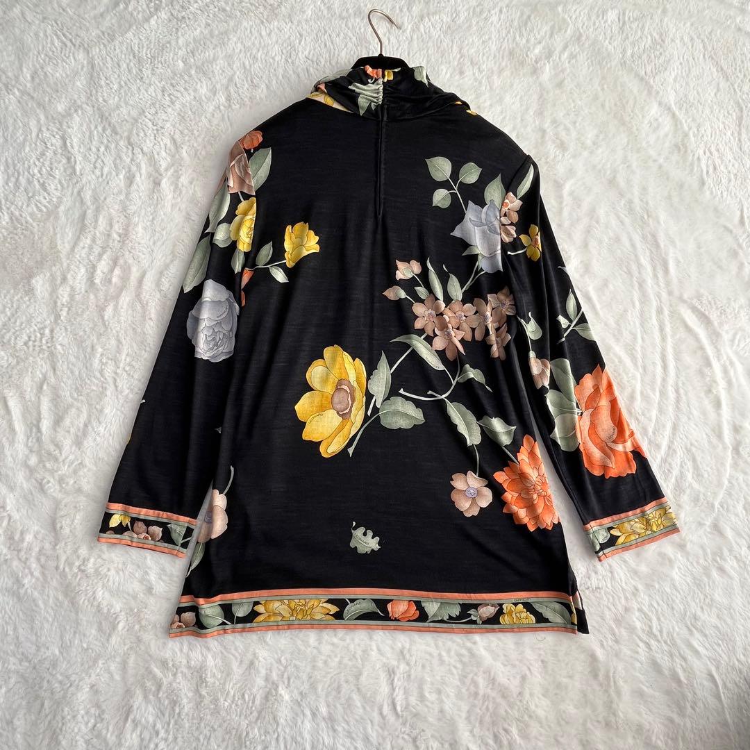 レオナール ウールシルク タートルネックカットソー 花柄 ストレッチ 丈長 M