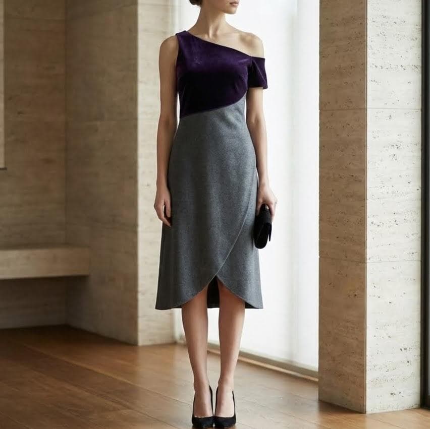 美品✨エンポリオアルマーニ アシンメトリードレス ベルベット×ブークレ 40