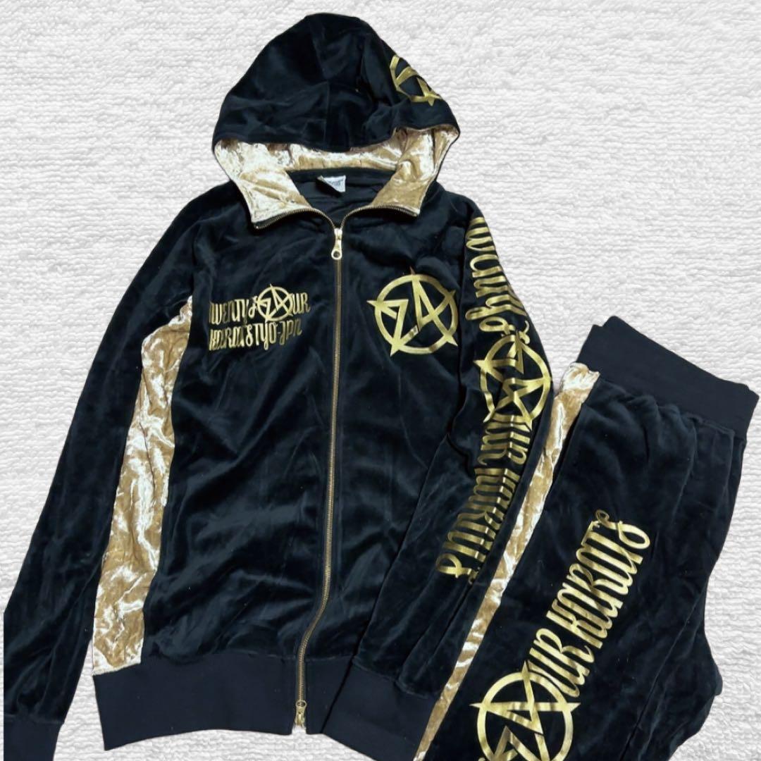 レア✨24カラッツ ベロア ジャージ セットアップ ブラック × ゴールド XL
