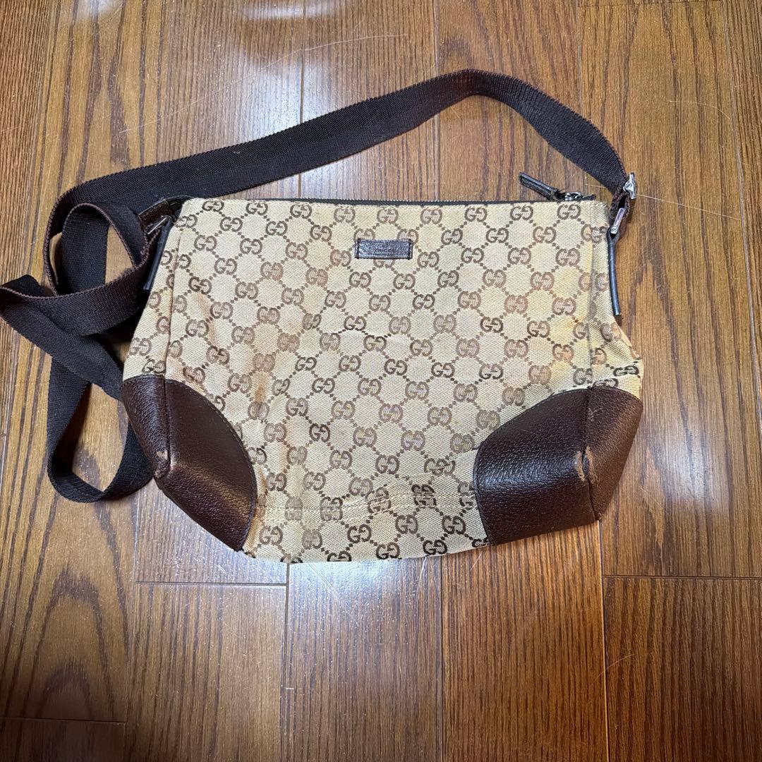 GUCCI グッチショルダーバッグGGキャンバス レザー ブラウンロゴ
