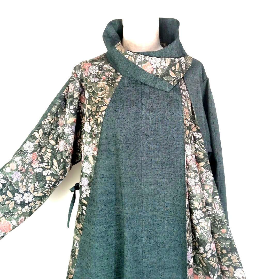 326　手染め大輔　着物リメイク　紬と辻ヶ花　ワンピース　L〜フリーサイズ