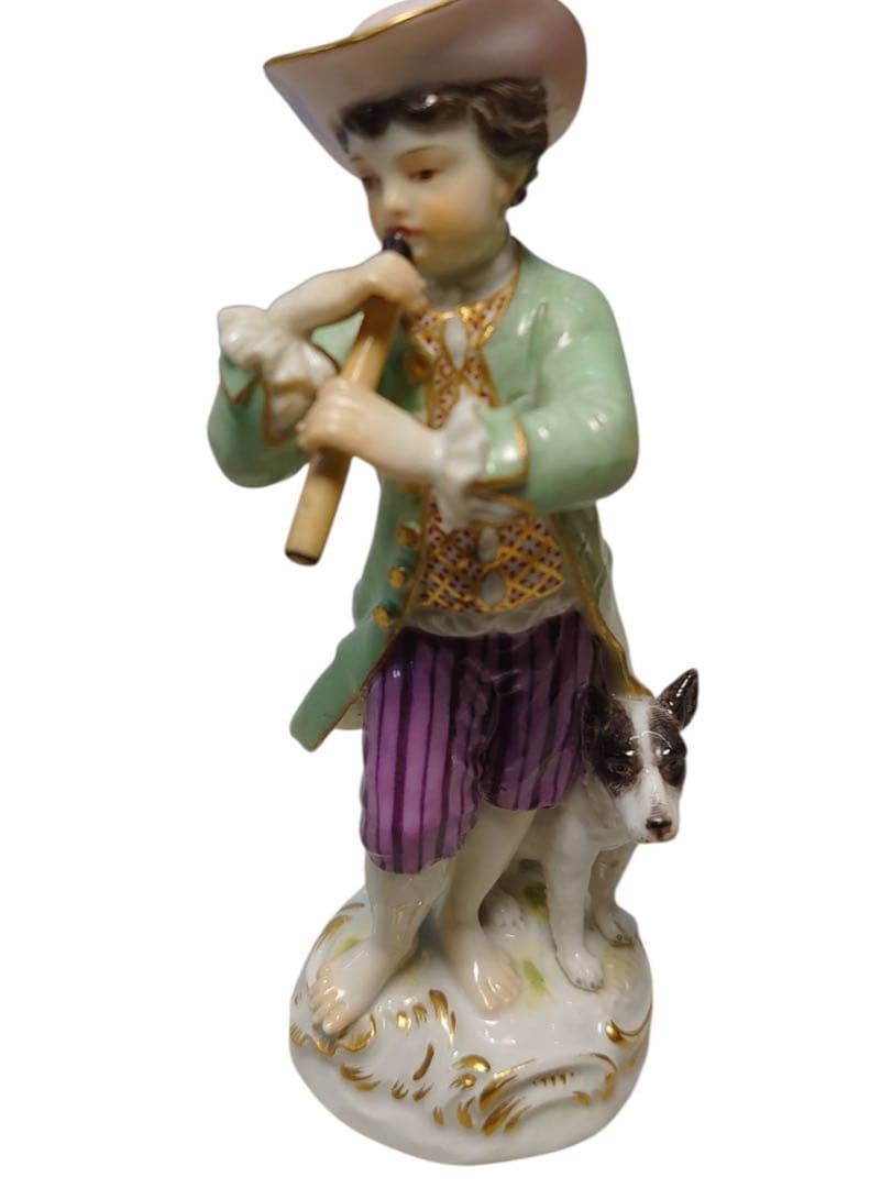 美品　マイセン　フィギュリン　笛吹き少年と犬