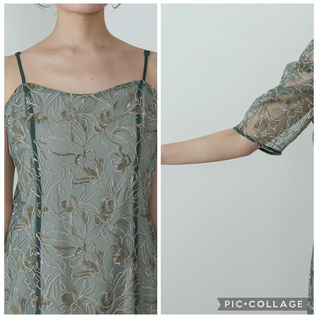 美品　人気　カナ　花柄刺繍 レースボレロ キャミワンピース ２点セット　グリーン