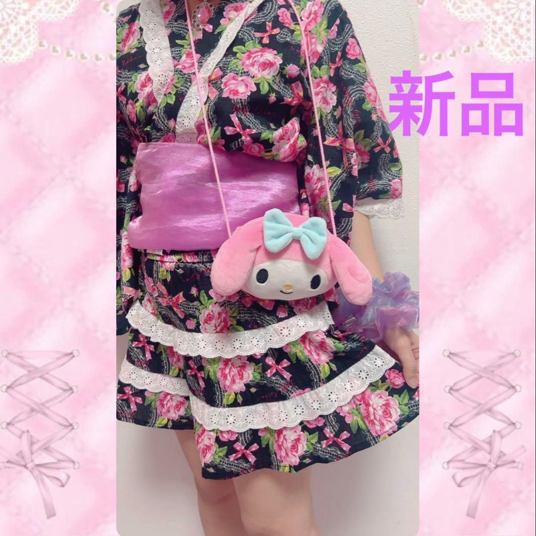 新品♡浴衣ドレス帯付き♡平成ギャル姫系♡バラリボン140150黒マイメロ地雷量産