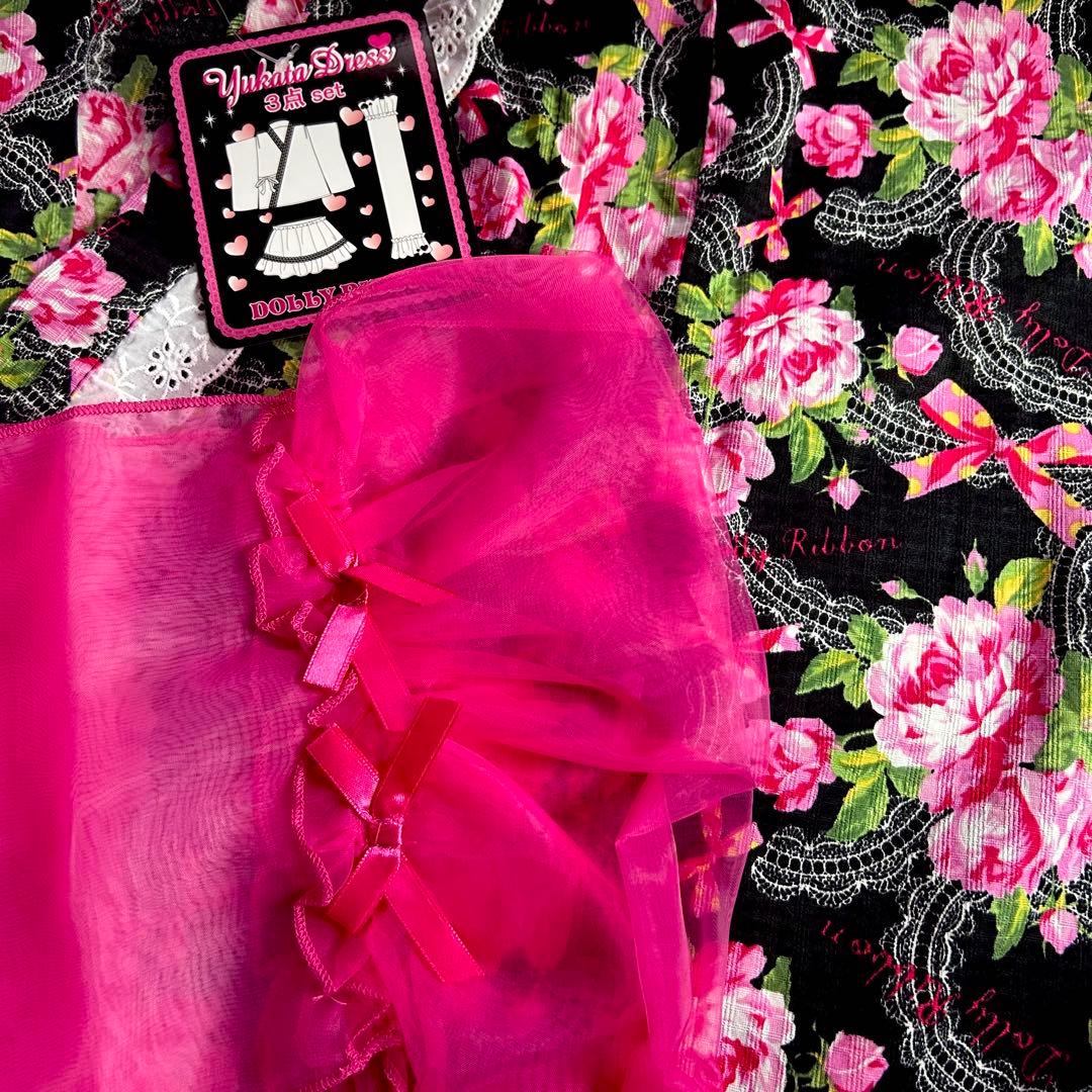 新品♡浴衣ドレス帯付き♡平成ギャル姫系♡バラリボン140150黒マイメロ地雷量産