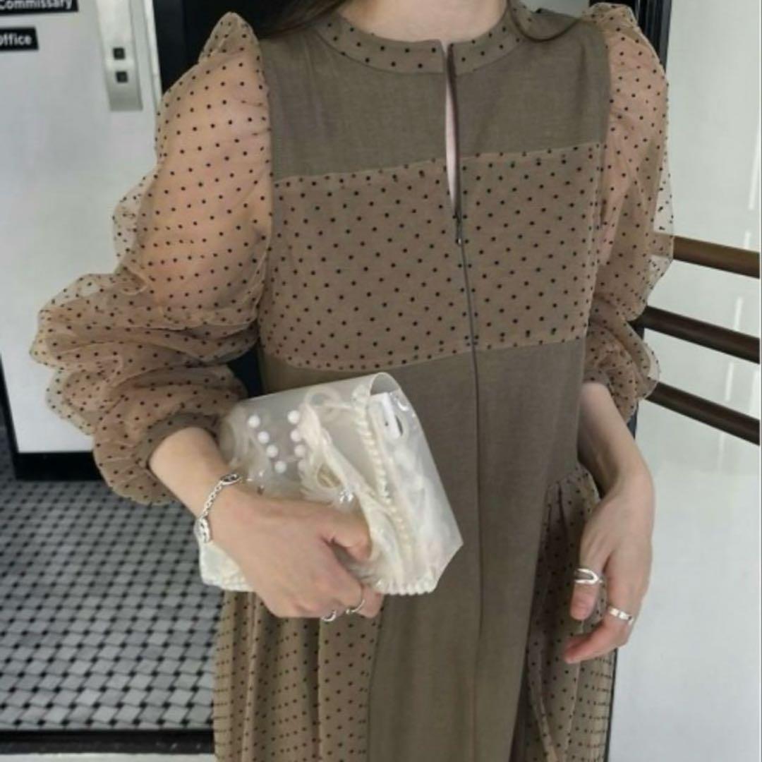 ドット柄パフスリーブロングドレス
