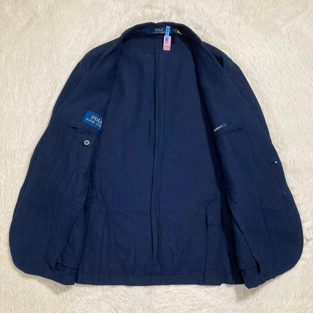 美品 ポロラルフローレン テーラードジャケット ブレザー 紺ブレ リネン 麻