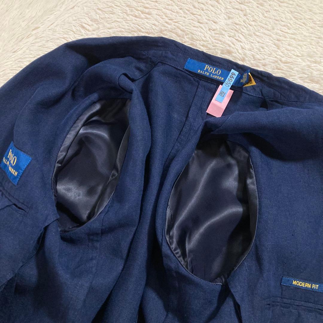 美品 ポロラルフローレン テーラードジャケット ブレザー 紺ブレ リネン 麻
