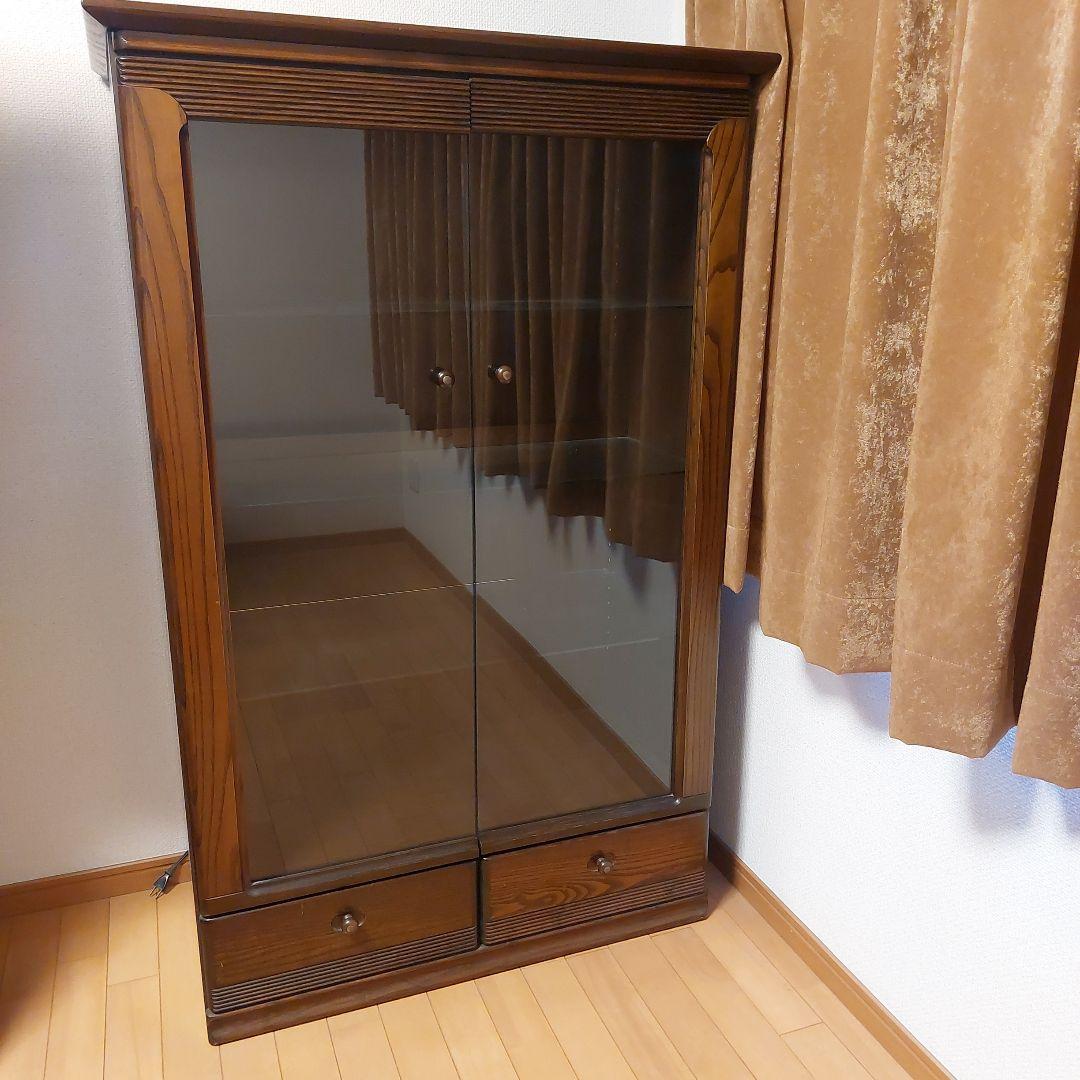 ダークブラウン ガラス棚 コレクションケース 照明・引き出し付　リビング収納