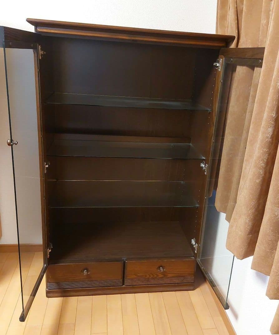 ダークブラウン ガラス棚 コレクションケース 照明・引き出し付　リビング収納