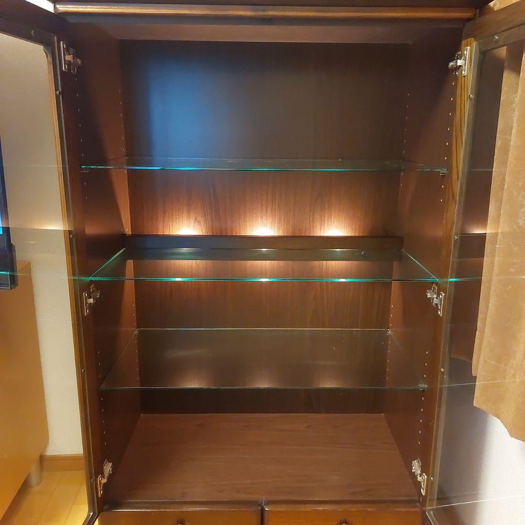 ダークブラウン ガラス棚 コレクションケース 照明・引き出し付　リビング収納