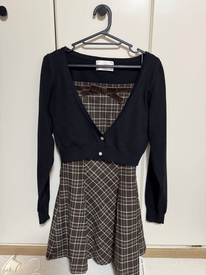 michellMacaron ランダムチェックアンサンブルワンピ ブラウン